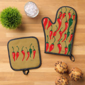 Chili Peppers Oven Mitt and Pot Holders 鍋つかみ&鍋敷きセット (トップダウン)