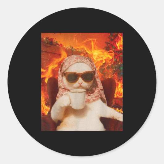 Chill Cat And Coffe Xmas Funny Cat Meme Y2k Joke  ラウンドシール (正面)