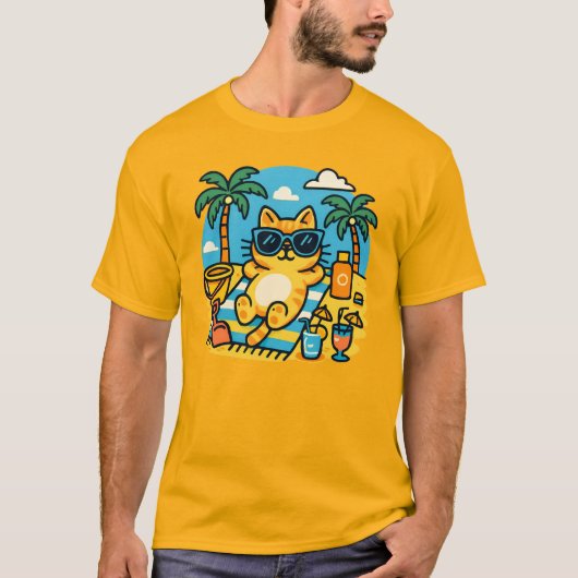 Chill Cat Beach Day Cartoon T-Shirt-Fun Summer Tee Tシャツ (正面)