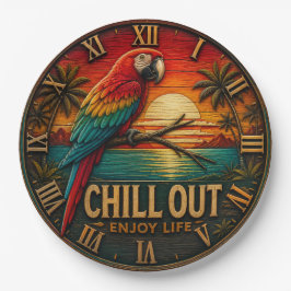 Chill Out Parrot Tropical Colorful Macaw Sunset ペーパープレート