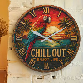 Chill Out Parrot Tropical Colorful Macaw Sunset  ラージ壁時計