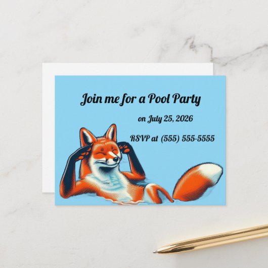 Chill Red Fox in a Pool Party RSVP ポストカード (正面/裏面インサイチュ)