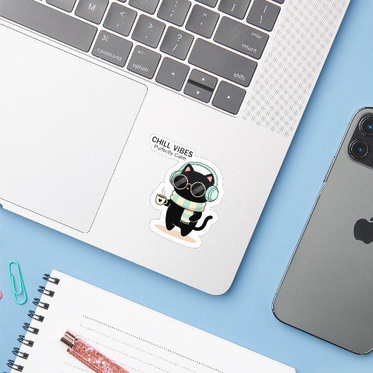 Chill Vibes Cat Sticker – Cute Black Cat with Head シール (ノートパソコンとiPhone)