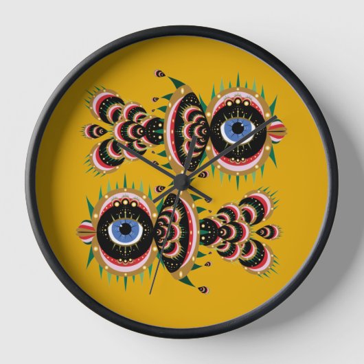 Chimera – 魚の鳥の木の枠時計 壁時計 (正面)