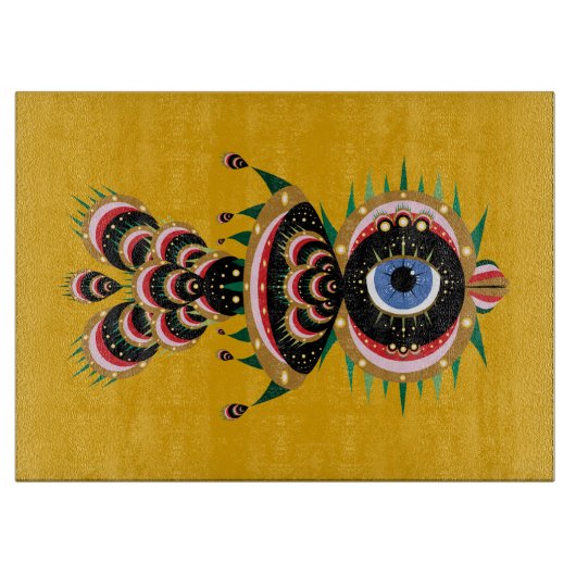 Chimera – 魚の鳥ガラス切り板15 x 11 カッティングボード (正面)