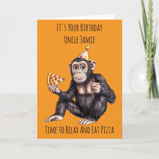 Chimpanzee Eating Pizza Birthday Card カード (正面)