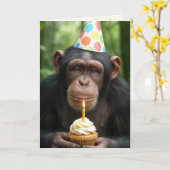 Chimpanzee Holding a Birthday Cupcake カード (黄色い花)