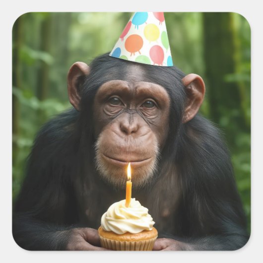 Chimpanzee Holding a Birthday Cupcake スクエアシール (正面)
