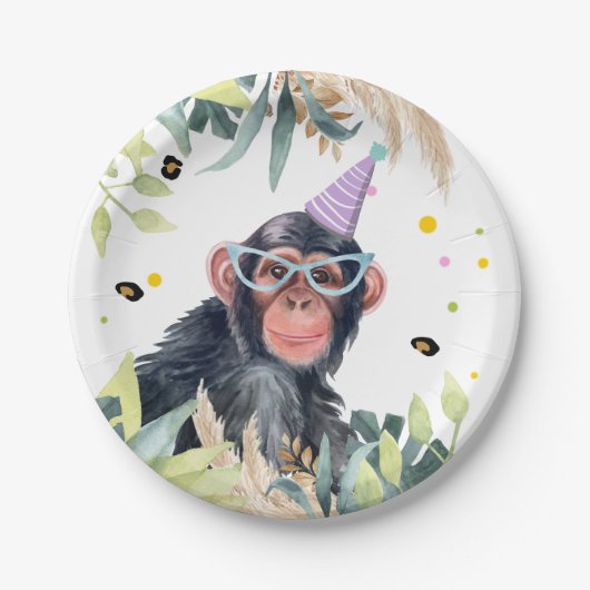 Chimpanzee Monkey Party Animals Birthday Safari ペーパープレート (正面)
