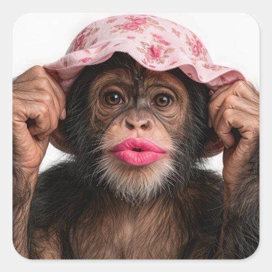 Chimpanzee Wearing Pink Lipstick スクエアシール (正面)
