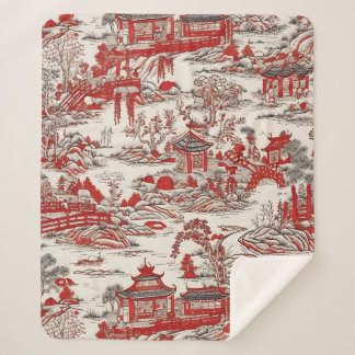 China Garden Tee House Chinoiserie - Red and White シェルパブランケット