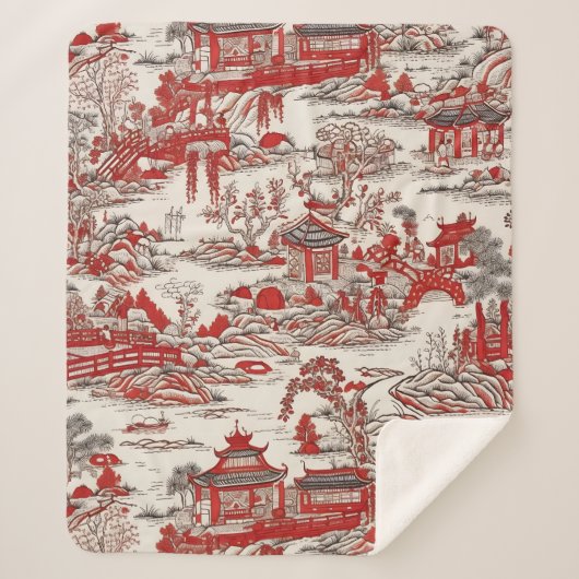 China Garden Tee House Chinoiserie - Red and White シェルパブランケット (正面)