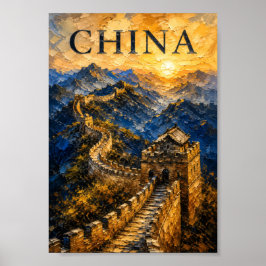 China: Golden Sunset Great Wall Art Souvenir ポスター