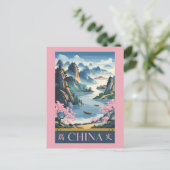 China Illustration Pink Travel Art Vintage ポストカード (スタンド正面)