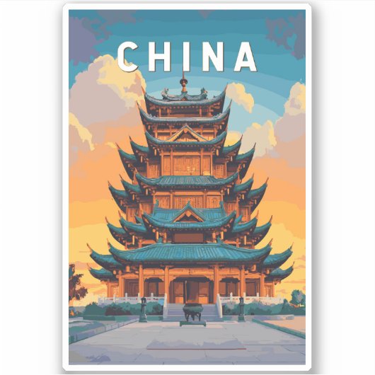 China Illustration Travel Art Vintage シール (正面)