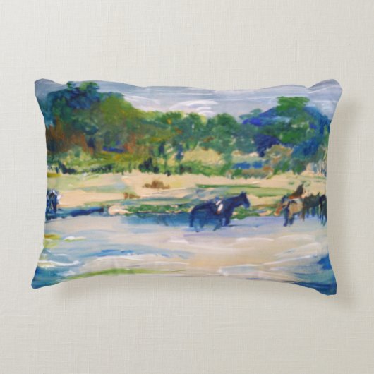 Chincoteagueの島の馬の絵画 アクセントクッション (裏面)