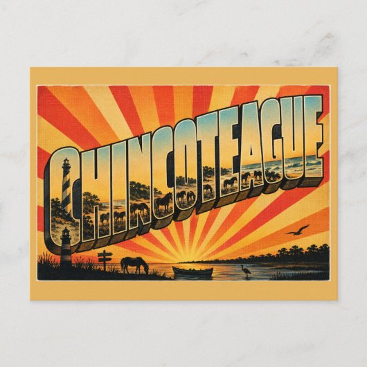 Chincoteague VA Wild Ponies Lighthouse Beach Art ポストカード (正面)