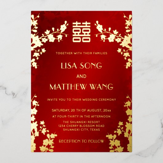 Chinese Bilingual | Red Cherry Blossom Wedding 箔招待状 (正面)