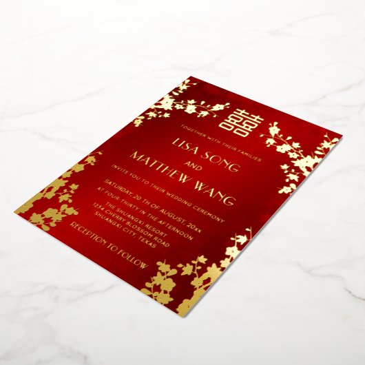 Chinese Bilingual | Red Cherry Blossom Wedding 箔招待状 (回転した状態)