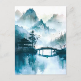 Chinese Bridge in Watercolor at mountain landscape ポストカード