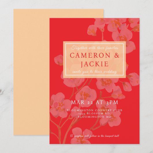 Chinese Cherry Blossom Orange Wedding 招待状 (正面/裏面)
