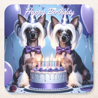 Chinese Crested Birthday スクエアペーパーコースター