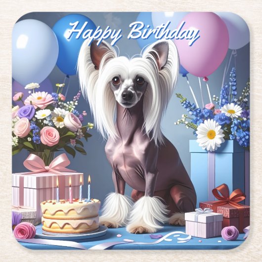 Chinese Crested Birthday スクエアペーパーコースター (正面)