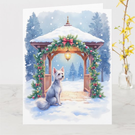 Chinese Crested Snowy Gazebo Christmas Art カード (黄色い花)