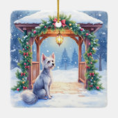 Chinese Crested Snowy Gazebo Christmas Art セラミックオーナメント (裏面)