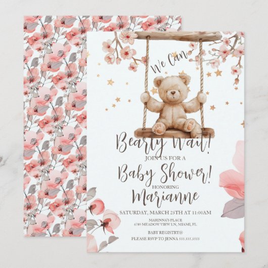 Chinese Floral Bear Baby Shower Girl  招待状 (正面/裏面)