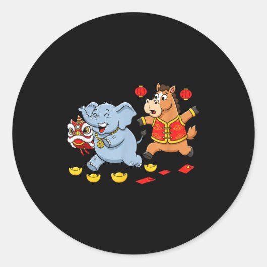 Chinese Horse Elephant Funny Kids Mens Womens Happ ラウンドシール (正面)