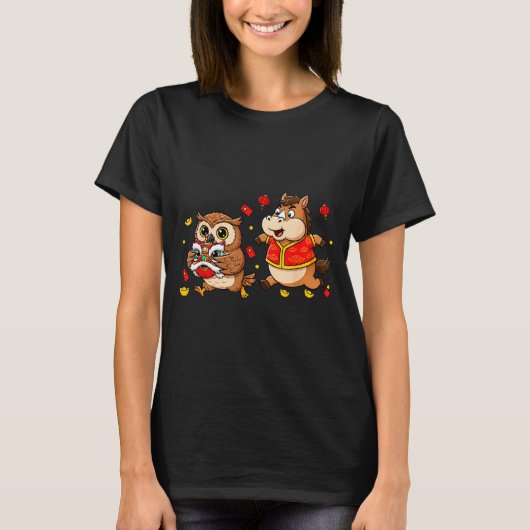 Chinese Horse Owl Funny Kids Mens Womens Happy New Tシャツ (正面)