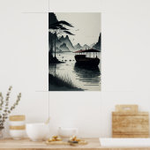 Chinese ink painting of Ninh Binh town ポスター (キッチン)