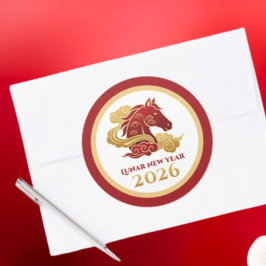 Chinese Lunar New Year 2026 Horse Red and Gold ラウンドシール