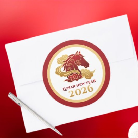 Chinese Lunar New Year 2026 Horse Red and Gold ラウンドシール