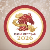 Chinese Lunar New Year 2026 Horse Red and Gold ラウンドシール