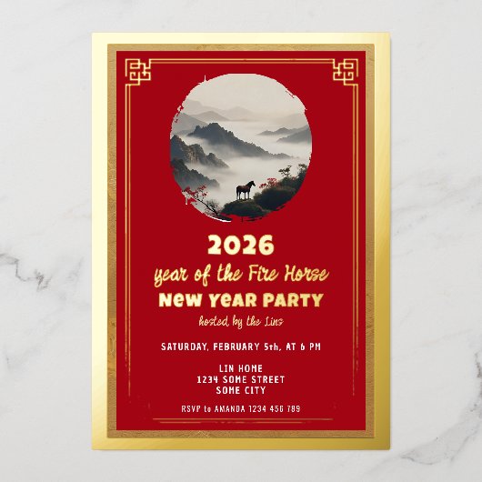 Chinese New Year 2026 Horse New Year Party 箔招待状 (正面)