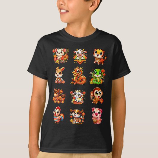 Chinese New Year Cute 12 Zodiac Animal Signs Lunar Tシャツ (正面)