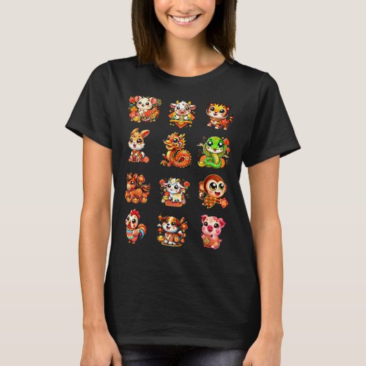 Chinese New Year Cute 12 Zodiac Animal Signs Lunar Tシャツ (正面)