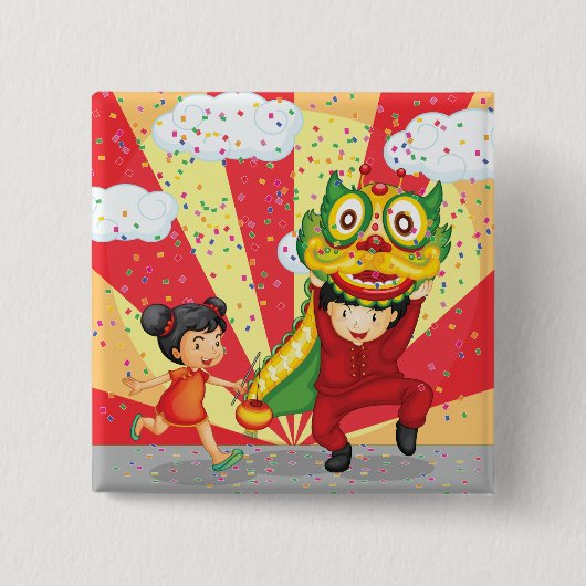 Chinese New Year Kids Lion Dance and Lantern 缶バッジ (正面)