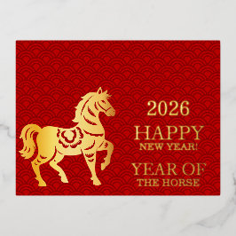 Chinese New Year Of The Horse Red Gold  箔シーズンポストカード