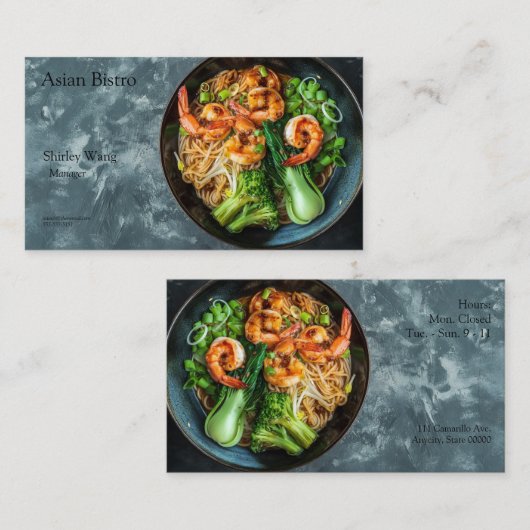 Chinese noodle bowl with spicy shrimp and veggies 名刺 (正面/裏面)
