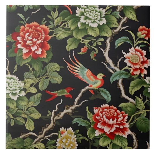 Chinese red green floral pattern tile タイル (正面)