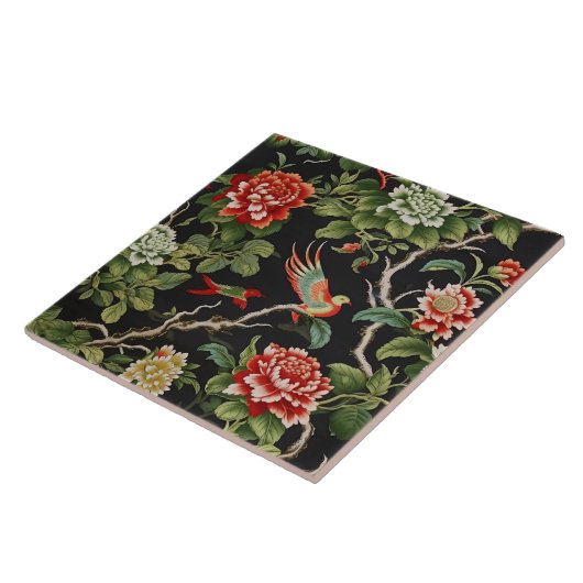 Chinese red green floral pattern tile タイル (側面)