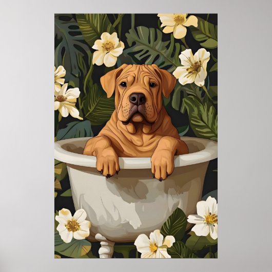Chinese Shar Pei In Bathtub Poster, Funny Dog ポスター (正面)