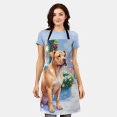 Chinese Shar-Pei Snowy Town Fountain Christmas Art エプロン (着用した状態)