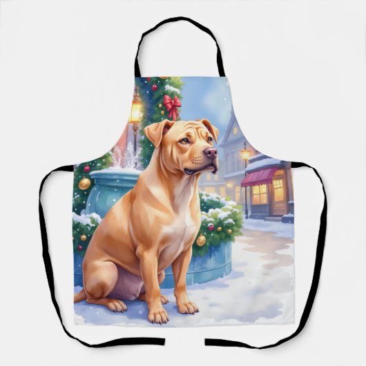 Chinese Shar-Pei Snowy Town Fountain Christmas Art エプロン (正面)