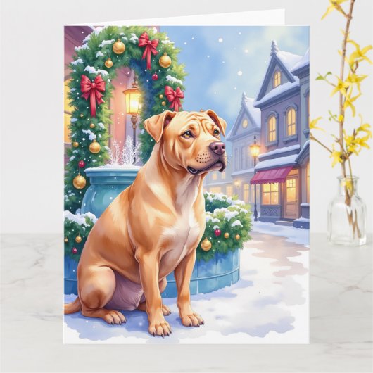Chinese Shar-Pei Snowy Town Fountain Christmas Art カード (黄色い花)