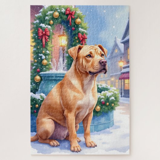 Chinese Shar-Pei Snowy Town Fountain Christmas Art ジグソーパズル (縦)