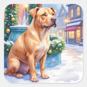 Chinese Shar-Pei Snowy Town Fountain Christmas Art スクエアシール (正面)